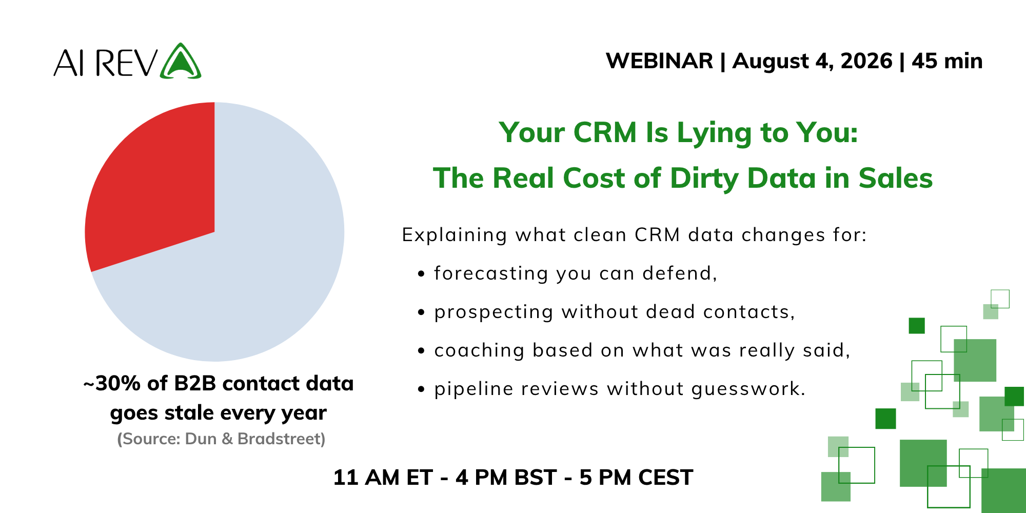 Your CRM Is Lying to You: The Real Cost of Dirty Data in Sales - webinar on August 4, 2026, 11 AM ET. Around 30% of B2B contact data goes stale every year (source: Dun & Bradstreet).